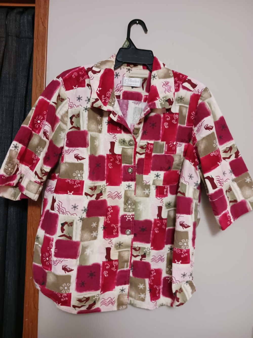 CJ Banks Red & Tan Patchwork Button-Down Womans Shirt